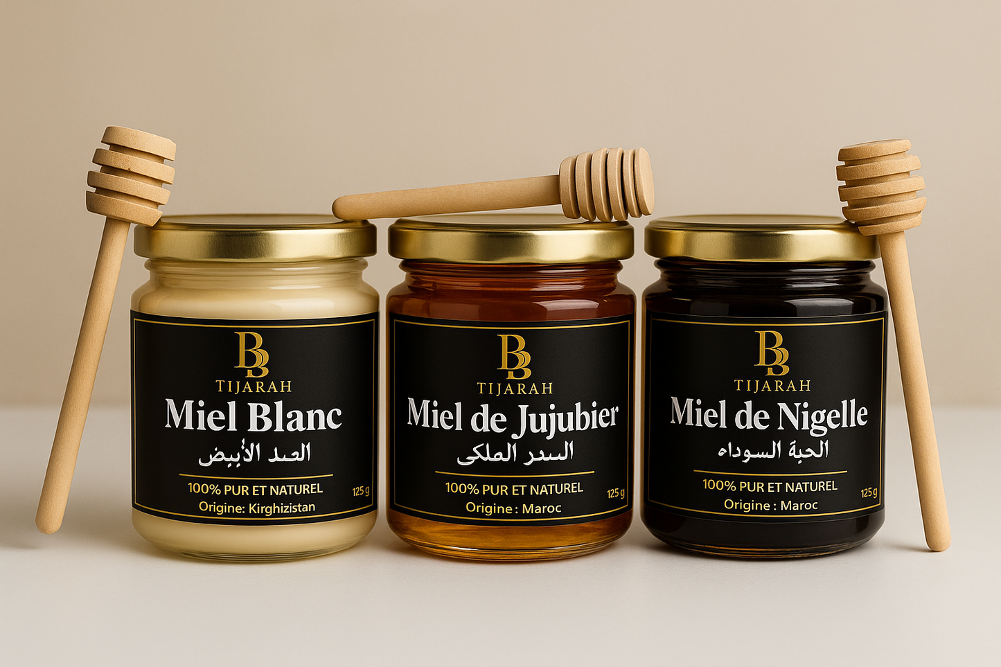 Pack 3 Miels Naturels – B&B Tijarah (Nigelle, Jujubier, Blanc)